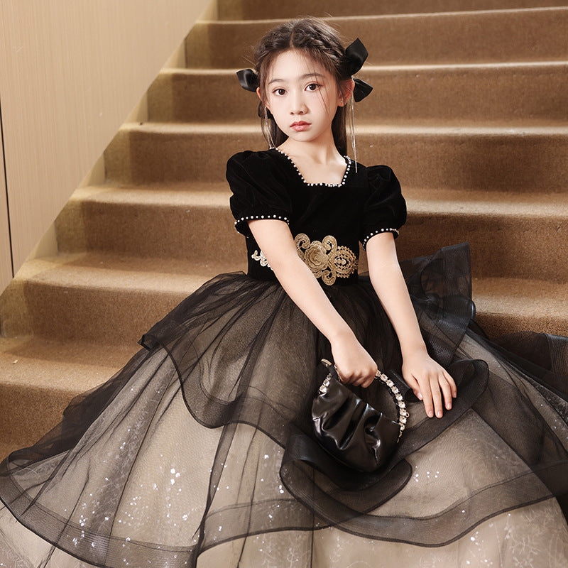 ZllKl  Children's Dress Princess Dress Girls Evening Dress Light Luxury Minority High-End Black Host Piano Performance Costume