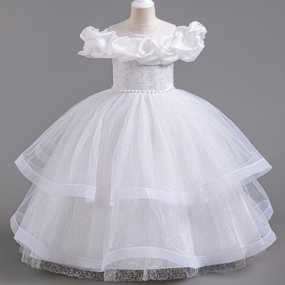 ZllKl  Girls' Dress  New Medium and Large Children Puffy Mesh Princess Dress Long High-End Western Style Evening Dress