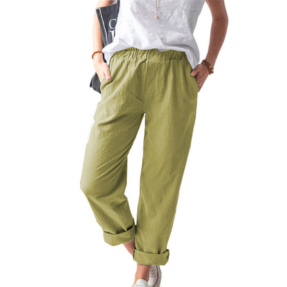 ZllKl  New European and American Women's Clothing Cotton and Linen Trousers Wish  Solid Color Casual Elastic High Waist Straight-Leg Pants Women