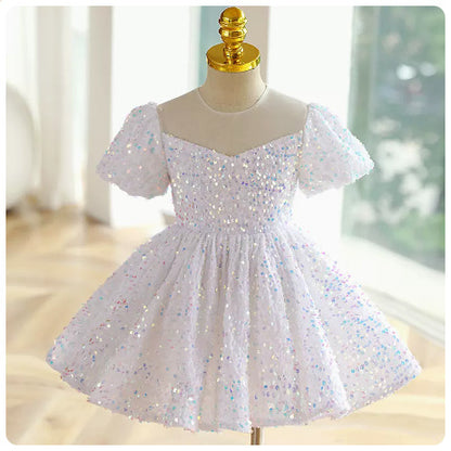 ZllKl  Blue Sequined Children's Dress Girl Princess Dress Birthday Full-Year Baby Girl Catwalk Host Piano Performance Wear