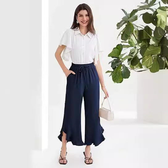 ZllKl  Popular Cross-Border  Temu European and American Summer Loose Casual Fashion Ruffled Bell-Bottoms Ankle-Length Pants Women