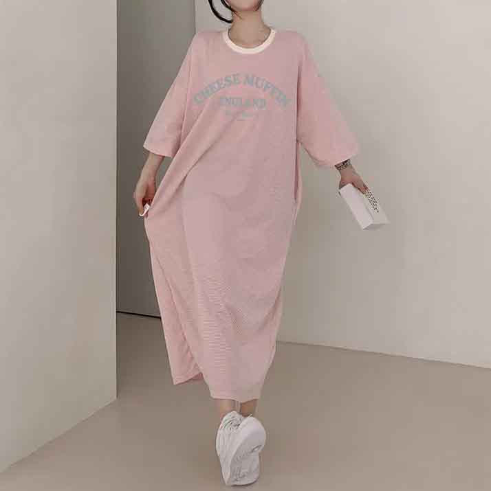 ZllKl 2025Manufacturer pure cotton South Korea popular spring and summer new women's round neck short sleeve medium and long T-shirt skirt fashionable versatile simple even