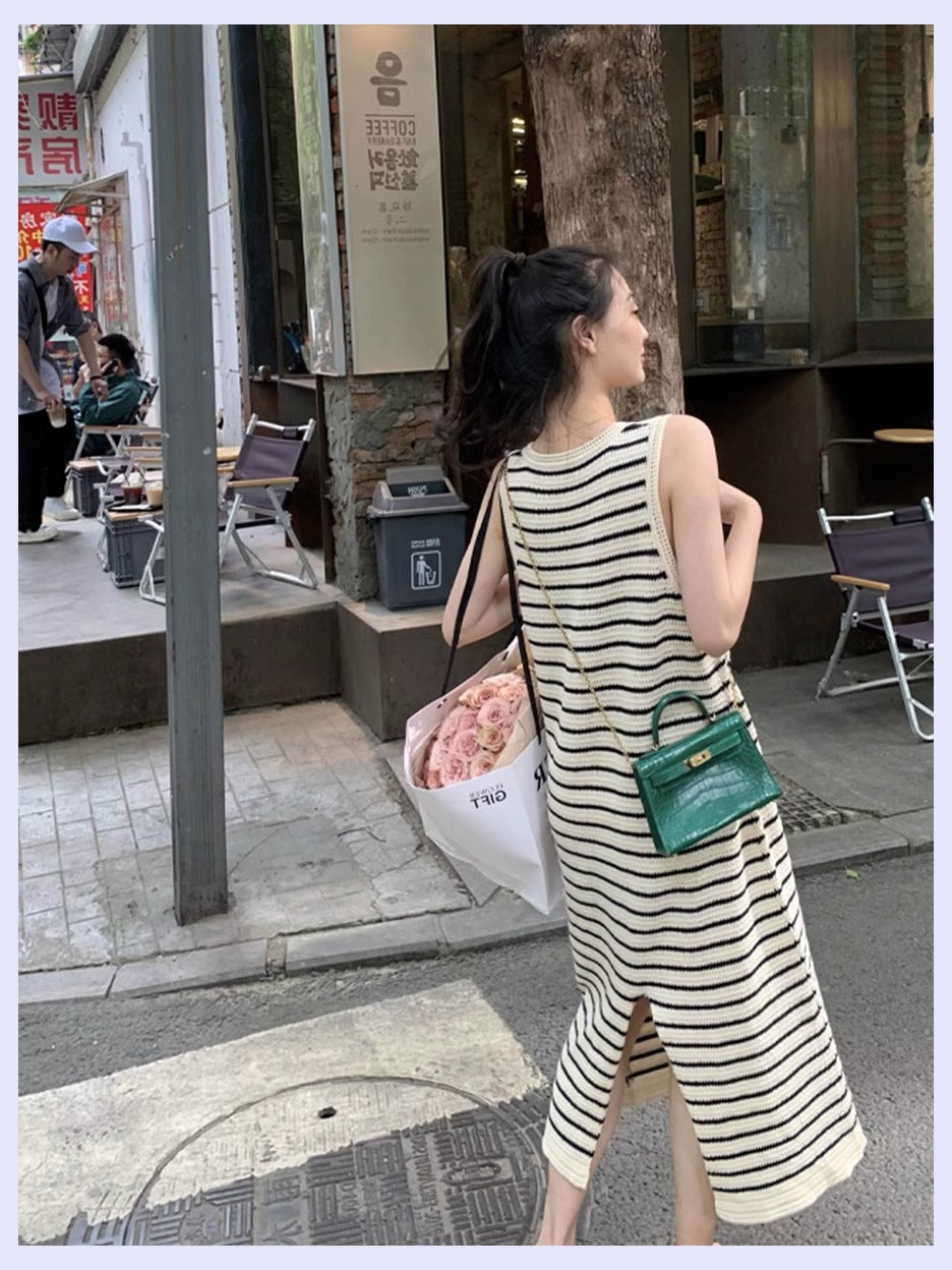 Knitted Sling Pink Dress Women's Summer New Outdoor Hot Girl Chic Waist Slim Fit Inner Wear Temperament Long Dress