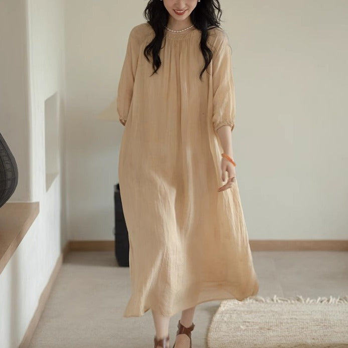 ZllKl  New Summer Ramie Qing Thin Breathable Stripes Three-Quarter Sleeve Loose Tea Break Dress