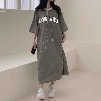 ZllKl 2025Manufacturer pure cotton Korean summer new 2025n retro loose letter printing thin T-shirt dress casual