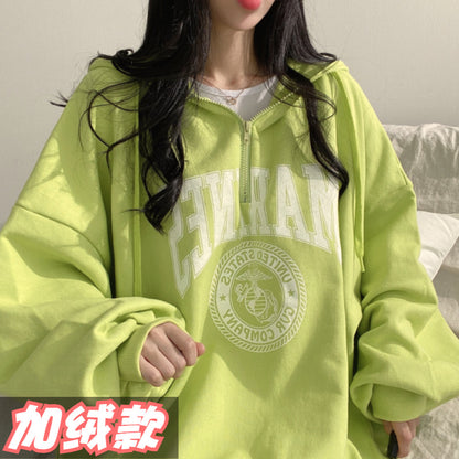 ZLLKL 2025 Cotton zipper hooded sweater women's Korean version fleece thickened top versatile spring, autumn and winter ns trendy brand loose and thin