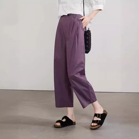 ZllKl  Solid Color Ankle-Length Knickerbockers  New Summer Fashion Women's Wear Loose Slimming High Waist Casual Wide-Leg Pants Trendy