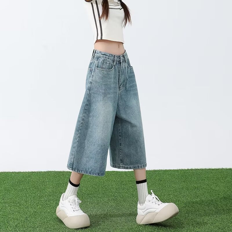 Light Blue Cropped Jeans Women's Summer Thin 2024 New High Waist Slimming and Straight Loose Cropped Wide Leg Pants