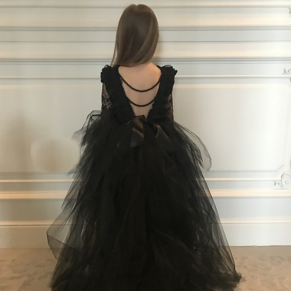 ZllKl  Girls' Dress Black Mesh Dress Piano Performance Catwalk Fashion Baby Birthday Banquet Children's Dress