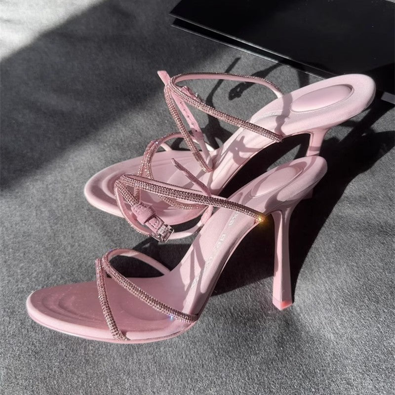 ZllKl  Spring and Summer New Rhinestone Letters Fairy High Heels Sexy Open Toe Roman Shoes Ankle-Strap Stilettos Sandals for Women