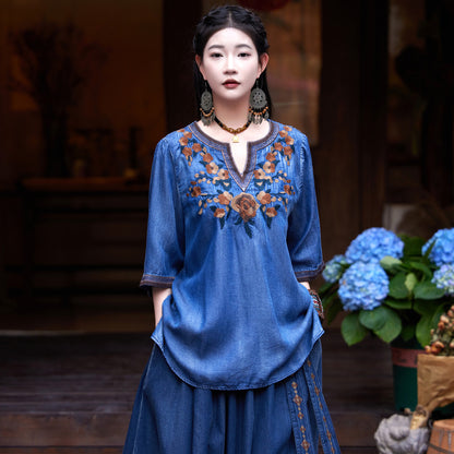 zllkl  New Guo Feng Retro Embroidered Shirt for Women  New Loose plus Size Temperament Slimming Lyocell Denim Top 9377