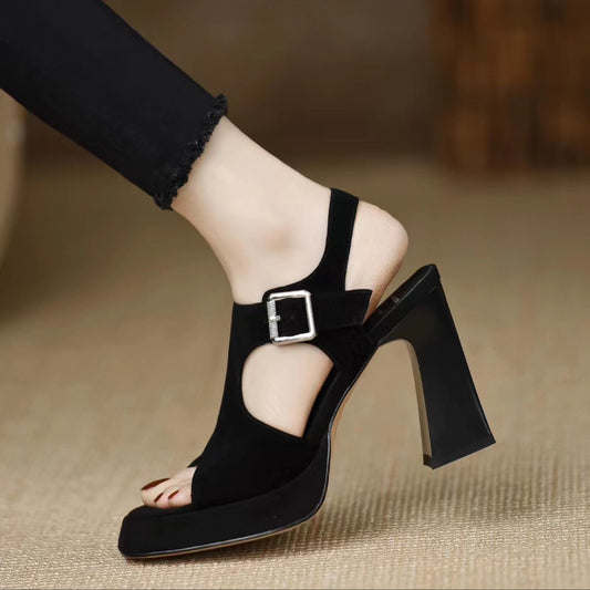 ZllKl  Summer New Korean Style Stylish Peep Toe Buckle High Heel Fashion Casual plus Size Women's Suede Roman Sandals