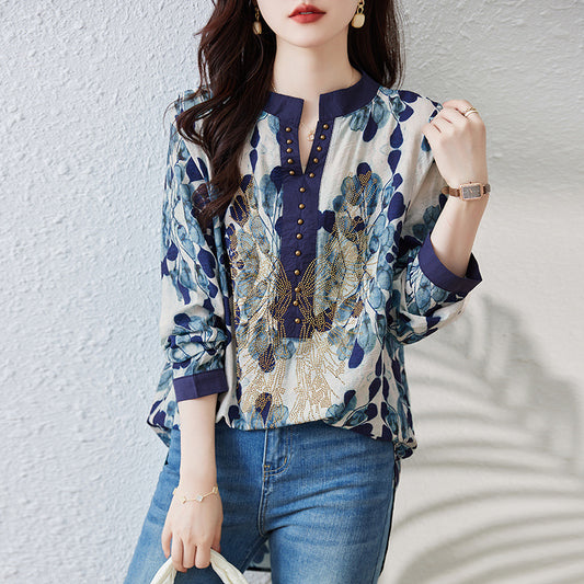 zllkl  Cross-Border Shirt Women's Spring New Popular Mom Western Style Rhinestone Printed High-End Top Shirt Long Sleeve Shirt