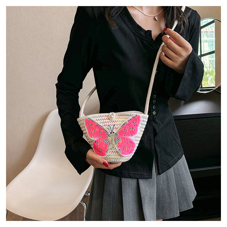 ZllKl  Girl Straw Bucket Bag  New Pouch Female Vacation Beach Bag Woven Bag Shoulder Crossbody Pouch