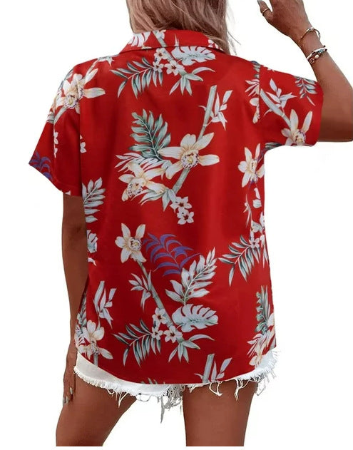 zllkl  Cross-Border  Women's Summer Hawaiian Shirt Tropical Floral Print Blouse Button V-neck Short Sleeve T-shirt Top