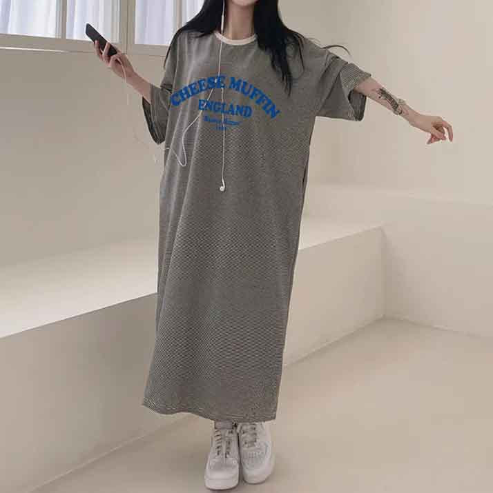 ZllKl 2025Manufacturer pure cotton South Korea popular spring and summer new women's round neck short sleeve medium and long T-shirt skirt fashionable versatile simple even