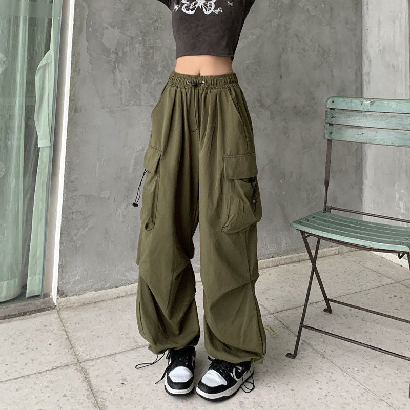 ZllKl  Nylon Quick-Drying Overalls Women's Summer New American Parachute Pants High Waist Wide Leg Leisure Drawstring Sports Pants