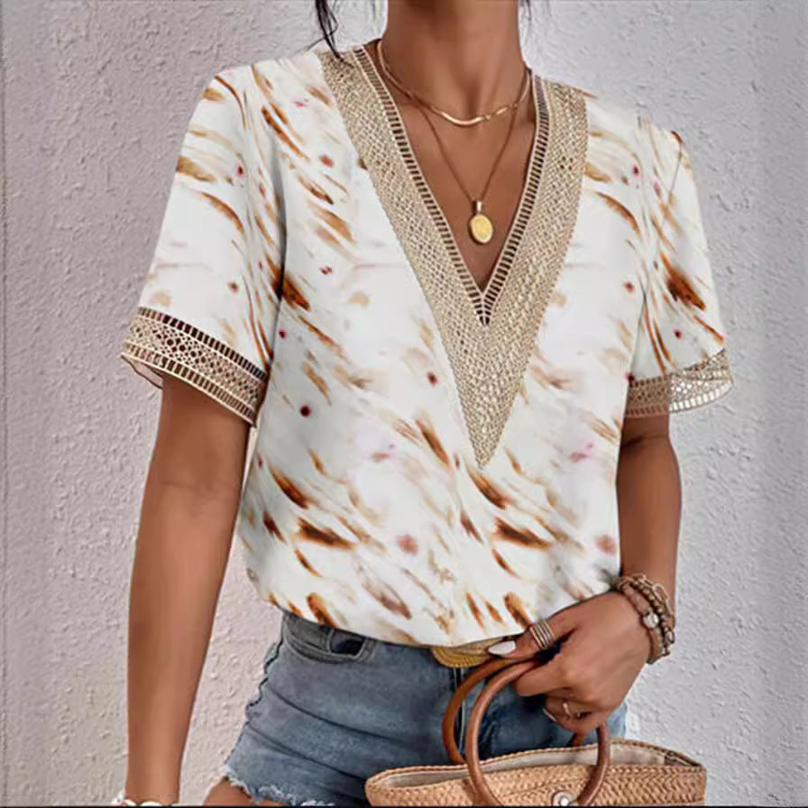 ZllKl  Cross-Border EBay  Women's Clothing V-neck Lace Loose Top Temperament Commute Short Sleeve Digital Printed T-shirt