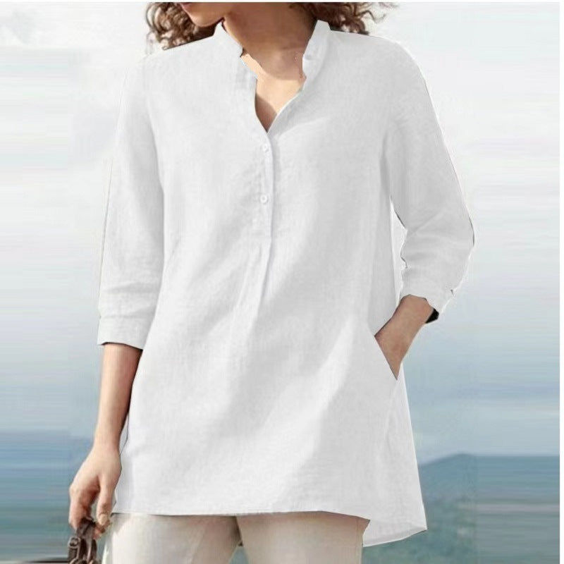 zllkl  Cross-Border Ebay Autumn New European and American Women's Clothing Solid Color Three-Quarter Length Sleeve Stand Collar Cotton and Linen Leisure Pullover Shirt