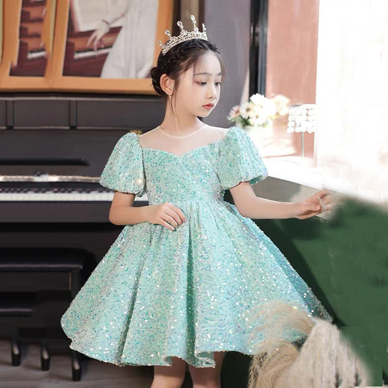 ZllKl  Blue Sequined Children's Dress Girl Princess Dress Birthday Full-Year Baby Girl Catwalk Host Piano Performance Wear