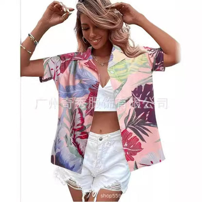 zllkl  Cross-Border  Women's Summer Hawaiian Shirt Tropical Floral Print Blouse Button V-neck Short Sleeve T-shirt Top