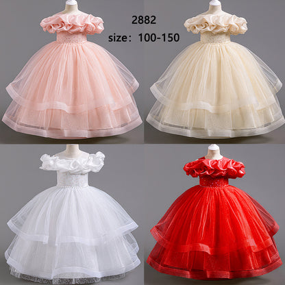 ZllKl  Girls' Dress  New Medium and Large Children Puffy Mesh Princess Dress Long High-End Western Style Evening Dress