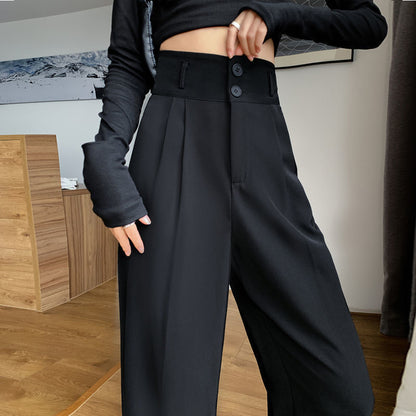 ZllKl  Black Loose Slimming Wide-Leg Pants High Waist Straight Drooping Suit Pants Slimming Pants High-Looking Casual Women's Pants