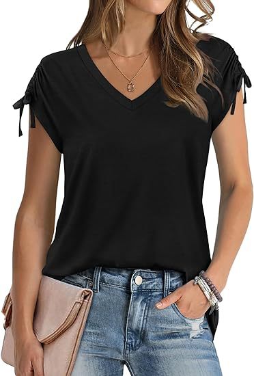 ZllKl  Cross Border Foreign Trade Women's Short-Sleeved Shirt Drawstring Summer Fashion  V Collar T-shirt