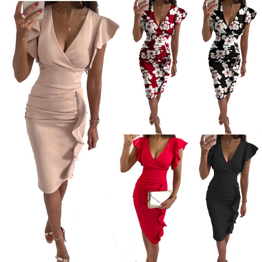 ZllKl  Hot Sale Multi-Color Printed Dress V-neck Sheath Ruffled Slim Fit Sexy High Waist Dress