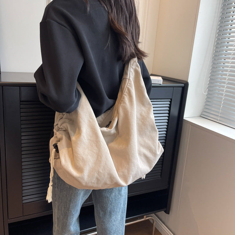 ZllKl  New Japanese and Korean Heavy-Duty Washed Canvas Messenger Bag Women's Large Capacity Casual One Shoulder Bag Trendy Personalized Drawstring Backpack