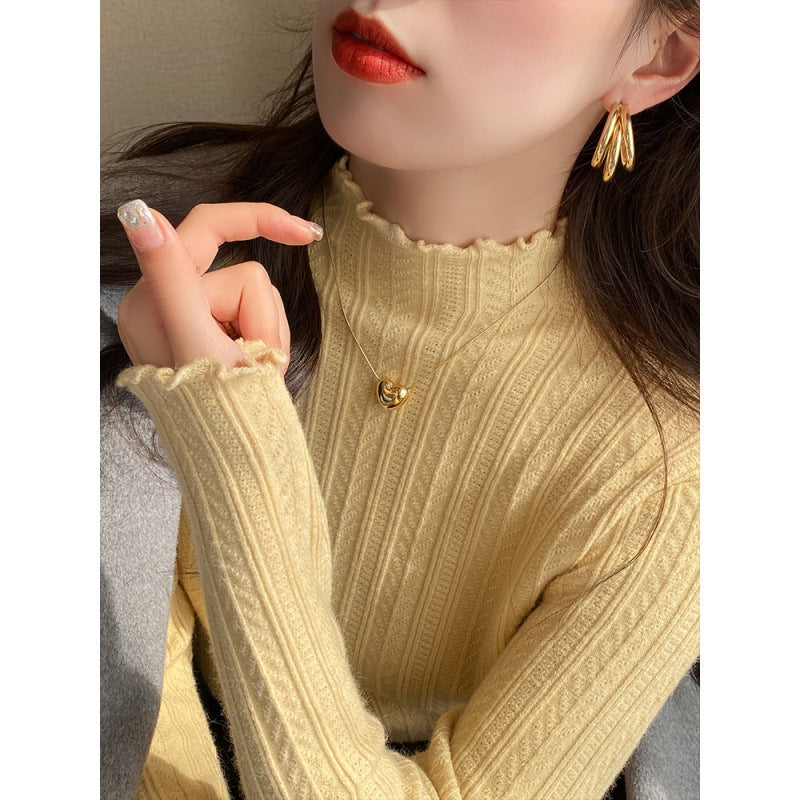 White bottoming shirt women's autumn and winter wear 2024 new semi-turtleneck fungus edge knitted sweater medium neck long-sleeved sweater