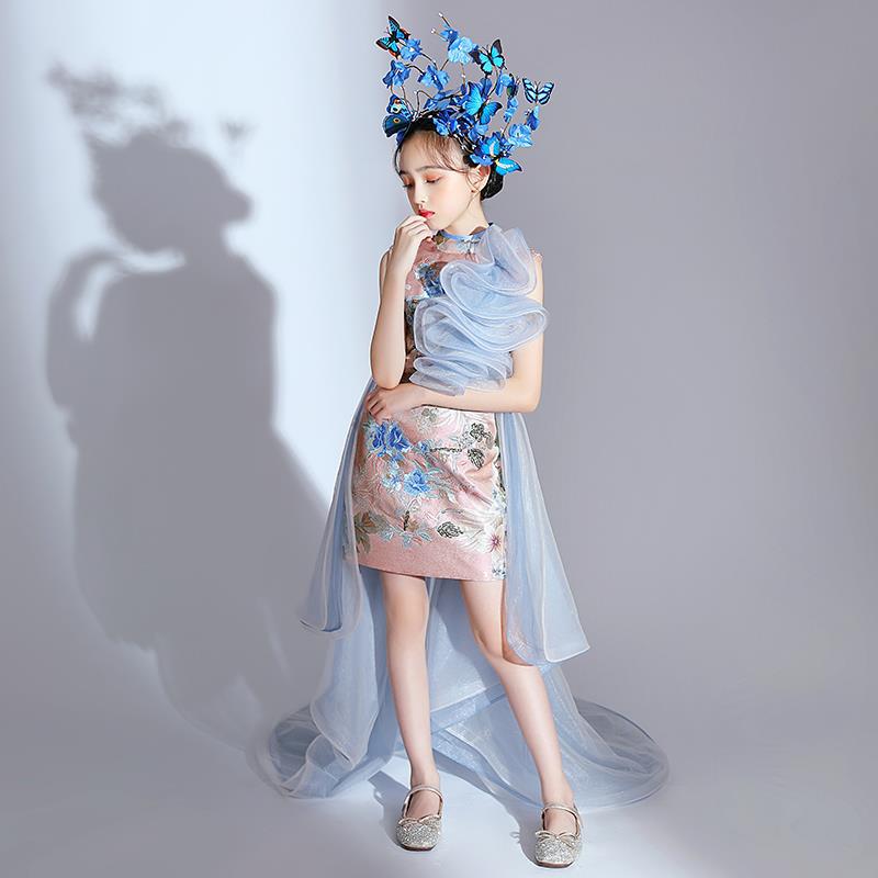 ZllKl  National Fashion Girls Catwalk Dress Exaggerated Chinese Style Children's Model T Stage Fashion Costume Domineering Trendy Clothes Trailing