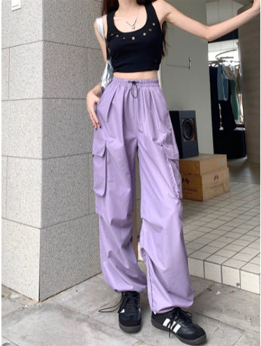 ZllKl  Nylon Quick-Drying Overalls Women's Summer New American Parachute Pants High Waist Wide Leg Leisure Drawstring Sports Pants