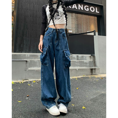 High Waist Jeans Small Loose Pants Wide Leg Pants Women's Summer Black New Cargo Pants Mop Pants Trousers