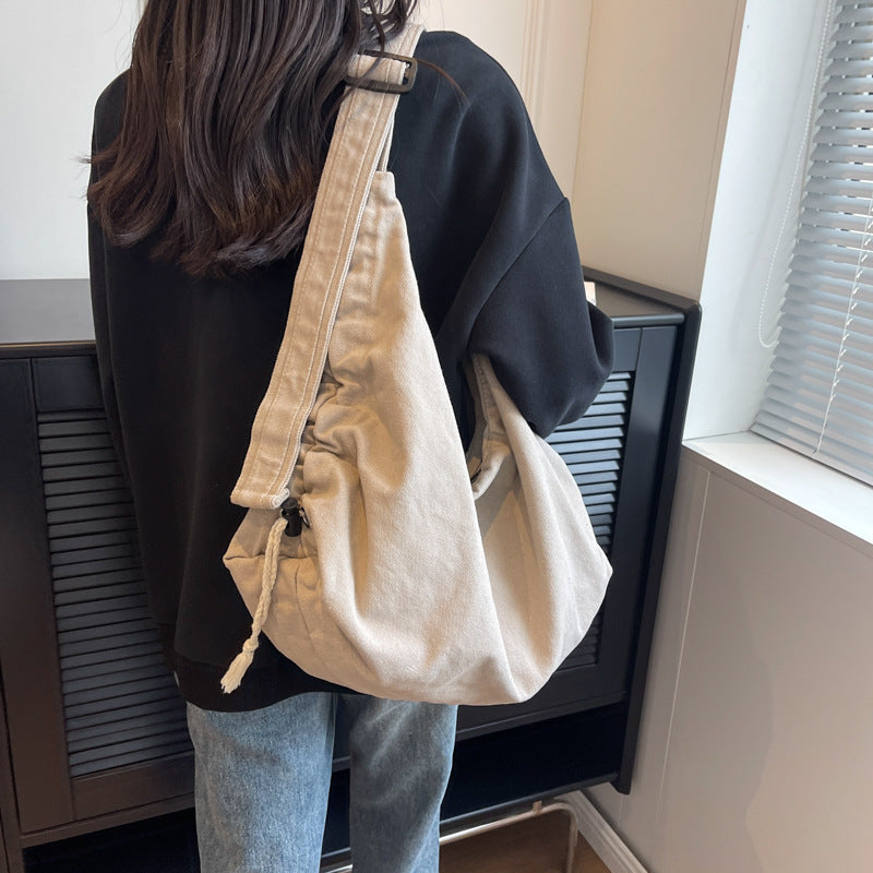 ZllKl  New Japanese and Korean Heavy-Duty Washed Canvas Messenger Bag Women's Large Capacity Casual One Shoulder Bag Trendy Personalized Drawstring Backpack