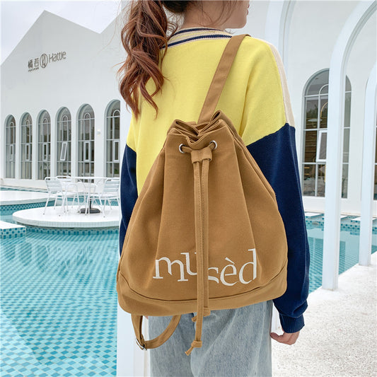 New Korean Style Lettered Casual Fashion Canvas Backpack Idle Style Simple Large Capacity Drawstring Bucket Bag