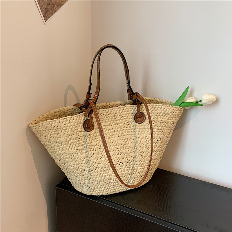 ZllKl  Luo Jia Same Style Non-Standard Straw Bag Large Capacity Simple Handmade Woven Portable Shoulder Bag Female Summer Seaside Beach