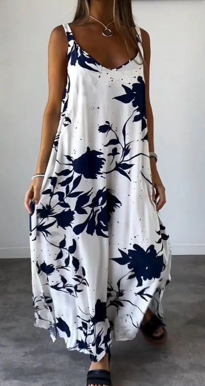 Zllk  Summer Cross-Border European and American Women's Clothing New  Vacation Dress Printed Strap Backless V-neck Dress