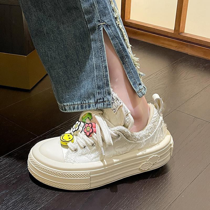 ZllKl Zhao Lusi Celebrity Canvas Shoes Platform Shoes Embroidered Sequins DIY Smiley Face Decorative Coarse Flower Ins Casual Shoes