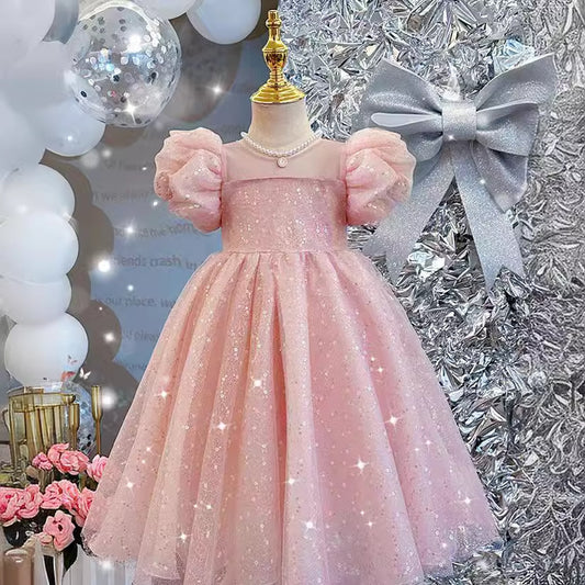 ZllKl  Children's Dress New High-End Western Style Girl Bubble Sleeve Princess Dress Heavy Embroidery Sequins Birthday Performance Dress Summer