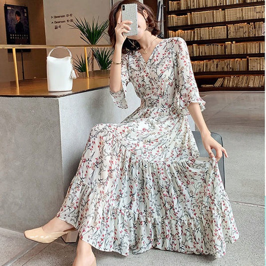 ZllKl  Cross-Border  Spring and Summer New Dress Tall Floral Chiffon V-neck Dress Temperament Fairy Dress