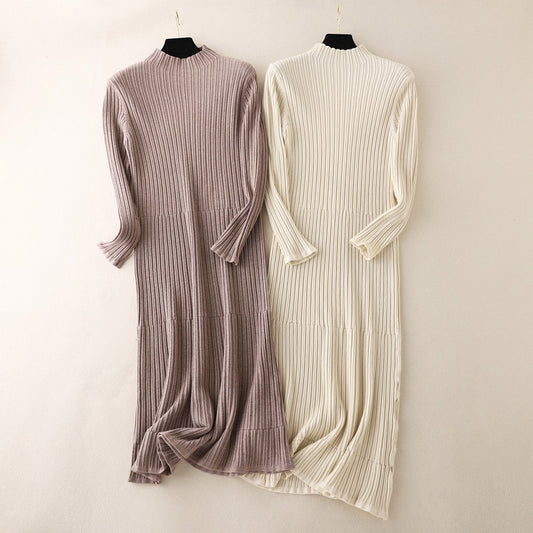 ZllKl  women's clothing, knee-length dress New autumn and winter new women's semi-turtleneck striped knitted primer dress slim fit