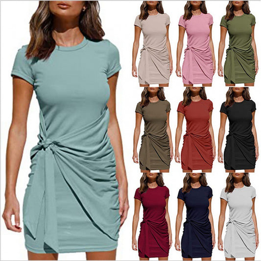 ZllKl  European and American  Popular Short Sleeve round Neck Pleated Bow Belt Irregular Dress