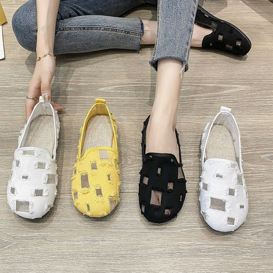 ZllKl Popular Summer Shoes Mesh Surface Shoes Flat Mesh Leisure Cloth Shoes Mesh Shallow Mouth Soft Bottom Gommino Color Women's Shoes