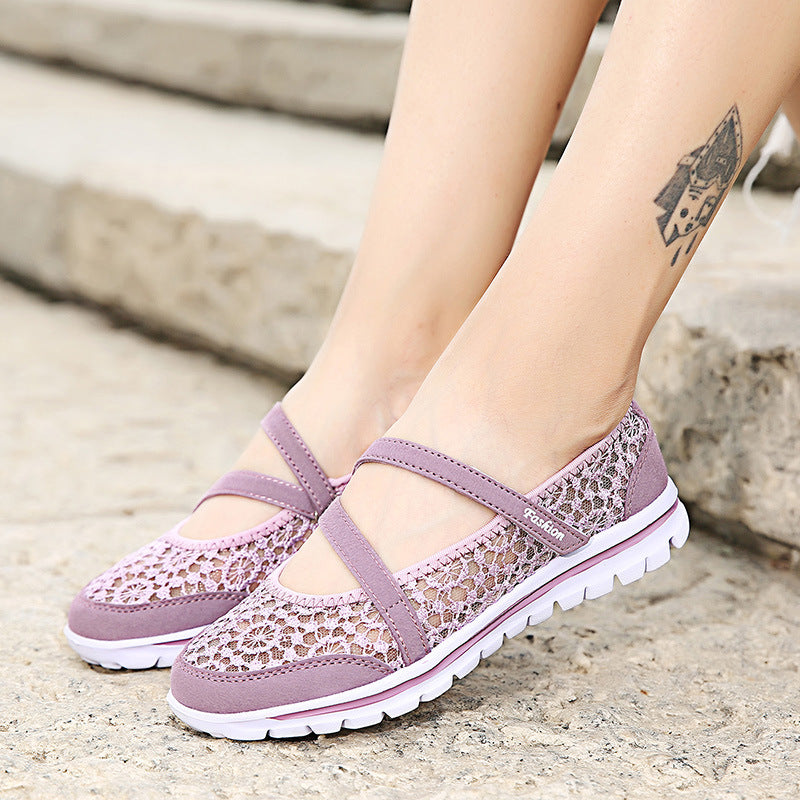 ZllKl Cross-Border plus Size Old Beijing Cloth Shoes Women's Shoes Summer Lace Breathable Casual Flat Bottom Slip-on Middle-Aged and Elderly Mom Shoes