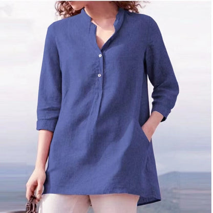 zllkl  Cross-Border Ebay Autumn New European and American Women's Clothing Solid Color Three-Quarter Length Sleeve Stand Collar Cotton and Linen Leisure Pullover Shirt