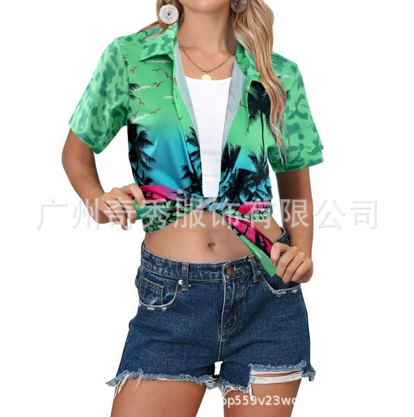 zllkl  Cross-Border  Women's Summer Hawaiian Shirt Tropical Floral Print Blouse Button V-neck Short Sleeve T-shirt Top