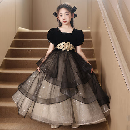 ZllKl  Children's Dress Princess Dress Girls Evening Dress Light Luxury Minority High-End Black Host Piano Performance Costume