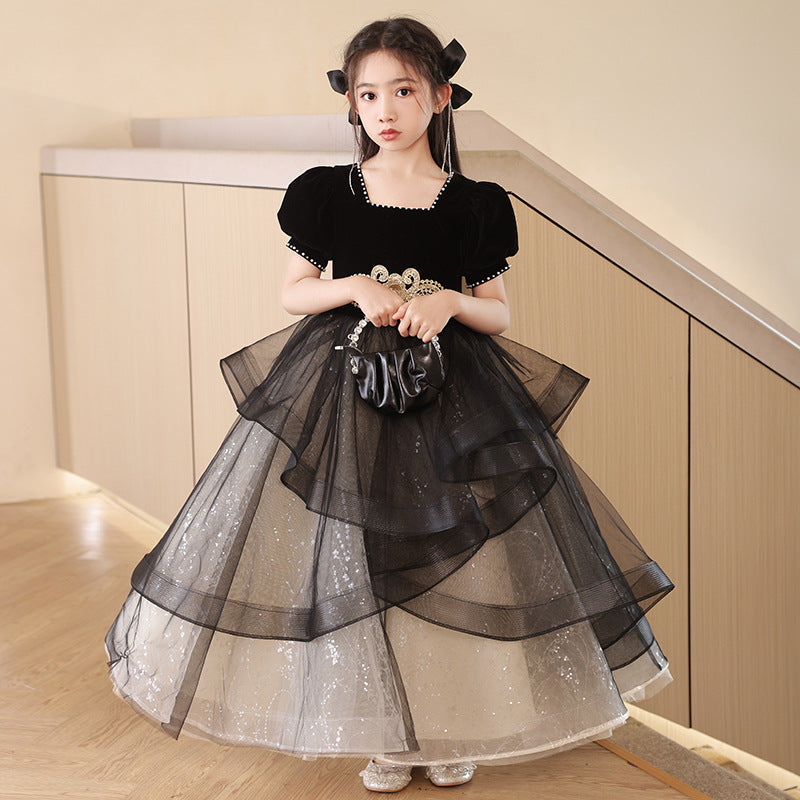 ZllKl  Children's Dress Princess Dress Girls Evening Dress Light Luxury Minority High-End Black Host Piano Performance Costume