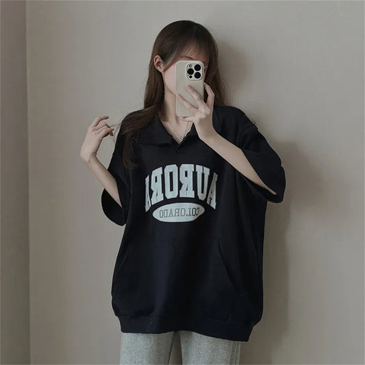 ZllKl Manufacturer black sweater polo cotton casual Internet celebrity Korean T-shirt women's short sleeves summer five-quarter sleeves loose niche ove